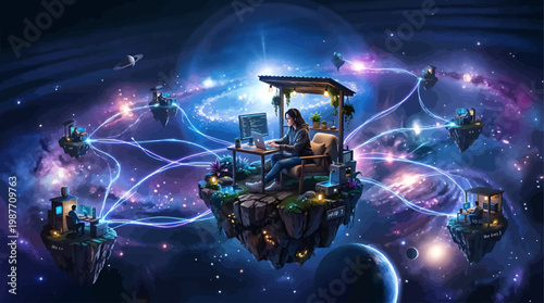 Digital Nomad's Interdimensional Workspace Cosmic Connection and Networked Universe Concept Depicting Remote Work Innovation Technology and Exploration Connecting People.