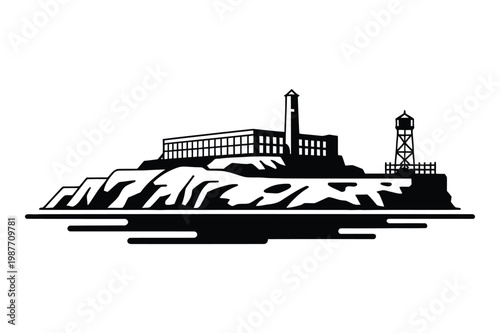 Silhouette of alcatraz island prison on a rocky outcrop with a lighthouse