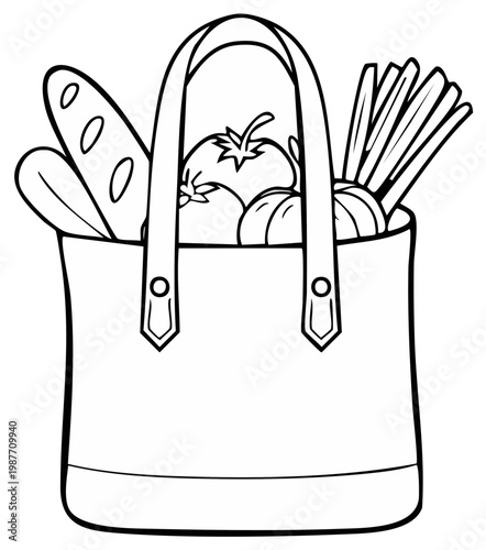 Hand drawn illustration of a canvas tote bag overflowing with fresh produce and bread