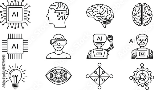 Artificial intelligence icons set with brain robot chip neural network innovation technology line vector illustration