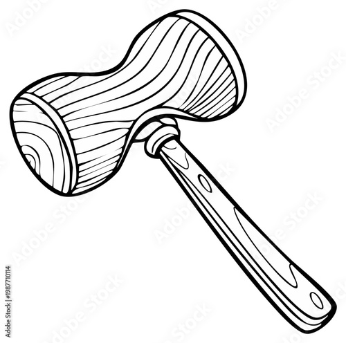 Wooden Mallet or Hammer Cartoon Line Art Illustration: Auction, Court, or Construction Tool