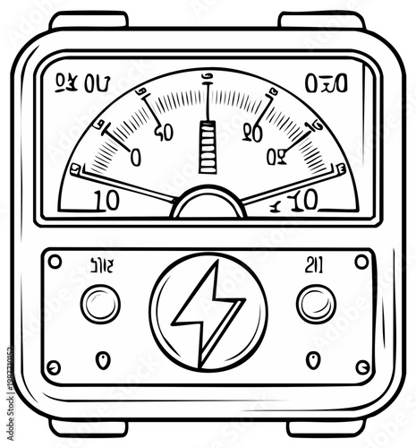Vintage Voltmeter Black and White Illustration with Lightning Bolt Design Measurement Tool