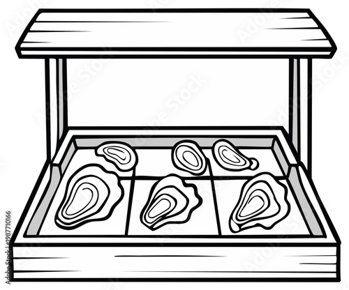 Hand-drawn illustration of oysters in a wooden market stall