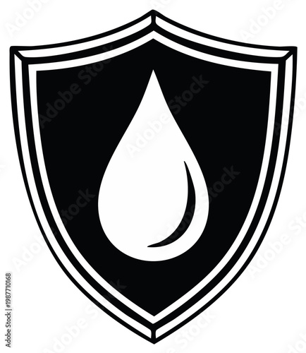 Black shield emblem with white water droplet inside representing protection and security