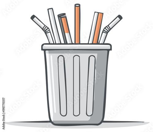 Collection of discarded plastic and paper drinking straws in a waste receptacle