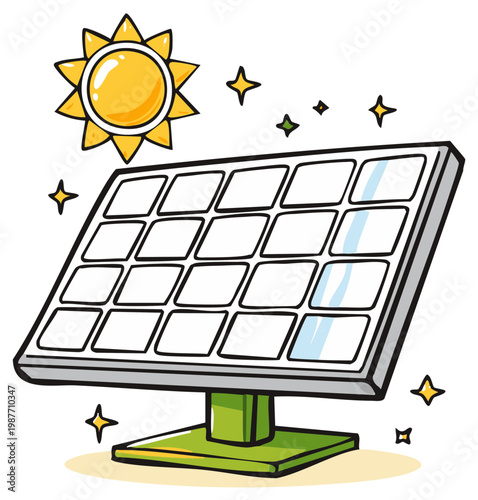 Cartoon solar panel absorbing sunlight, renewable energy concept.
