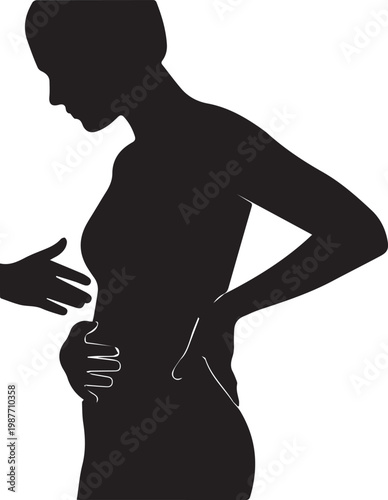 Black silhouette of a woman with hand on stomach