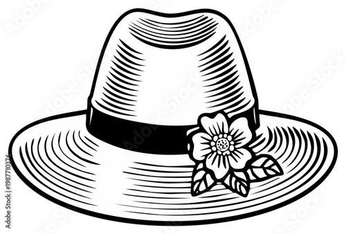 Vintage Fedora Hat Adorned with a Delicate Flower and Leaves, Classic Style