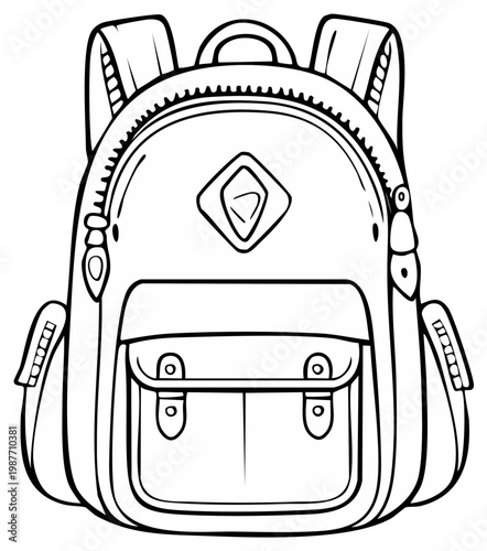 Outlined school backpack with pockets and straps for coloring book or educational material, isolated on white