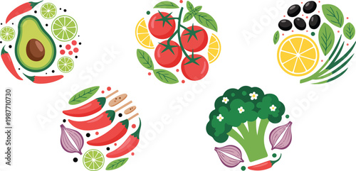 Set of healthy fresh vegetable circle compositions including avocado tomato broccoli and chili for restaurant menu and organic food branding