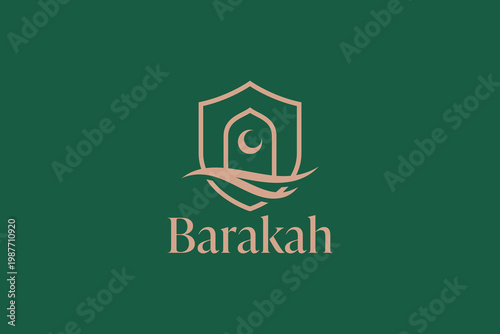Elegant logo with mihrab arch, crescent moon, and flowing line. Symbolizes blessing and halal values, ideal for fashion, beauty, and lifestyle branding.