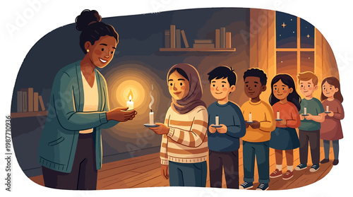 Nurturing young minds with the glow of shared knowledge and hope a caring educator guides a diverse group of children holding delicate candles in a warm dimly lit room symbolizing unity and illuminati
