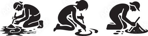 3 archeologists excavating and digging with hand tools set in black and white vector style