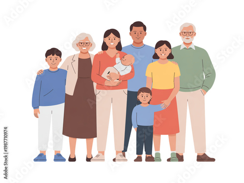 Happy big multi generational family standing together, parents grandparents and children group flat vector illustration isolated