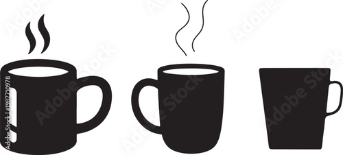 3 coffee mugs silhouette icon set with steaming hot drinks for cafe and menu design