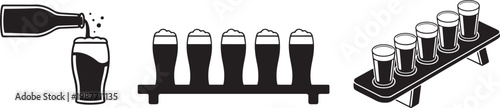 Beer flight icons including pouring bottle and craft beer glasses on wooden sampler board