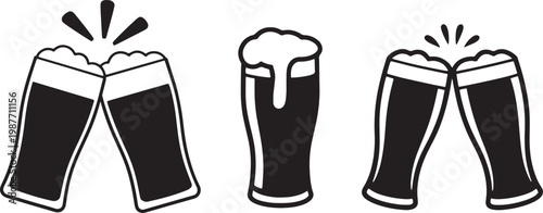 Beer glasses set with toasting mugs and ale in black and white line art vector style