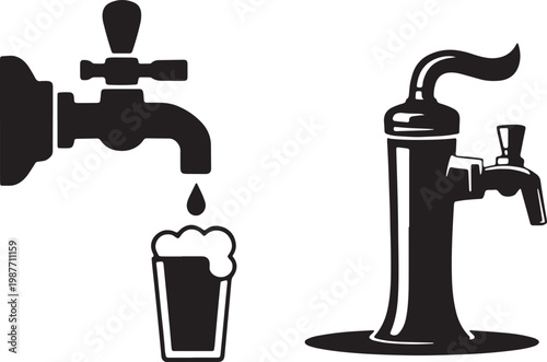 Beer tap silhouettes with a glass of frothy foam and a vintage counter draught dispenser