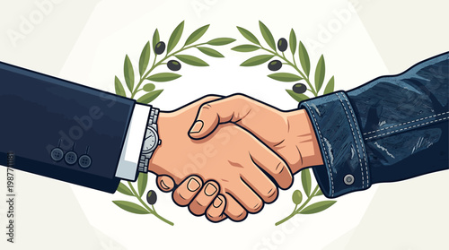 Business Negotiation  Agreement Animated Handshake Amongst Laurel Wreath Symbols Represents Partnership Cooperation and Success for Diverse Teams Achieving a Common Goal by Alliance.