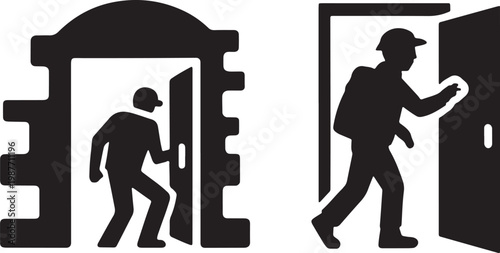 Entering icon set with doorway, silhouette, and person for stone and arch for man and cap