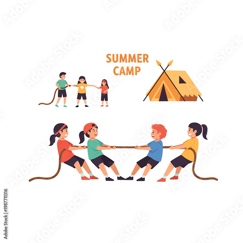 Children Playing Tug of War at Summer Camp Vector Illustration