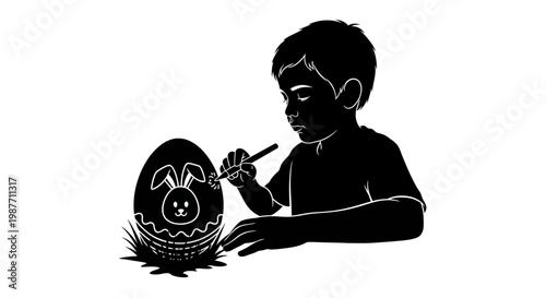 Boy Decorating Easter Egg with Bunny Design Silhouette Vector