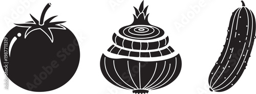 Fresh Tomato Onion and Cucumber icons in silhouette style isolated on white background