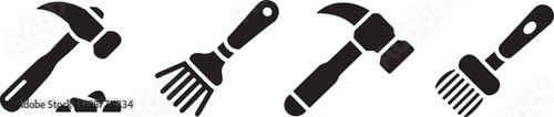 Hammers and paint brushes set as black solid icons for hardware and renovation projects