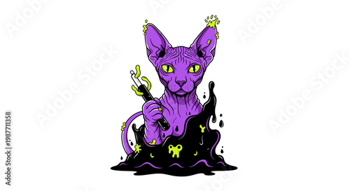 Sphynx Cat Vaping Illustration in Purple and Neon Green Slime