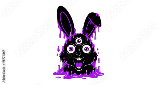 Trippy Three Eyed Black Rabbit with Dripping Purple Slime Vector