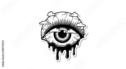 Surreal Eye Vector Sticker with Clouds and Dripping Black Liquid