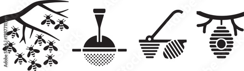 Honey bees swarm and hive with honey dipper and sieve icons in a minimalist black vector