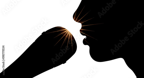 Silhouette of a person singing into a microphone with light flares