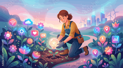 Nurturing Digital Growth A Gardener Cultivates Innovation and Connectivity Amongst Glowing Cybernetic Flora in a Futuristic Smart City Landscape