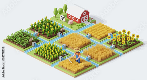 Isometric illustration depicting Indian agriculture and livestock with rice fields, featuring farmers working in green paddy fields and tending to farm animals in a countryside landscape