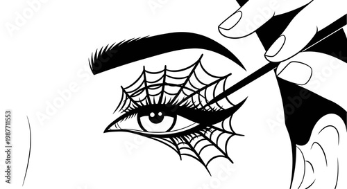 Gothic Halloween Spiderweb Eye Makeup Application Vector Illustration