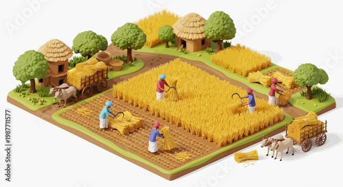 A miniature Indian village agriculture scene shows farmers working in golden paddy fields, harvesting rice with traditional tools alongside bullock carts carrying hay, presented