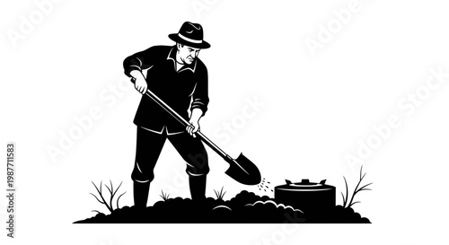 Farmer digging with shovel finding a landmine vector illustration
