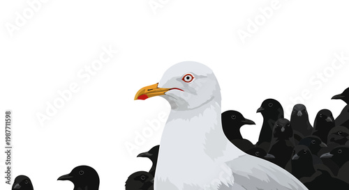White seagull standing out among a crowd of black birds illustration