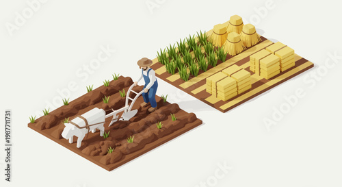Isometric shot of an Indian farmer plowing a field with cattle in a traditional method, showcasing rural agriculture in India alongside harvested crops, with a focus on sustainable