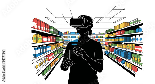 Man in VR Headset Shopping in a Virtual Supermarket Illustration
