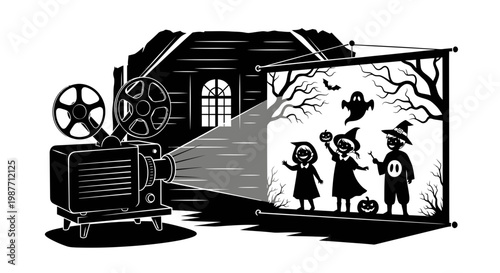 Retro Film Projector Displaying a Spooky Halloween Movie Illustration
