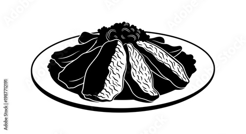 Black and white vector illustration of sliced meat on a plate