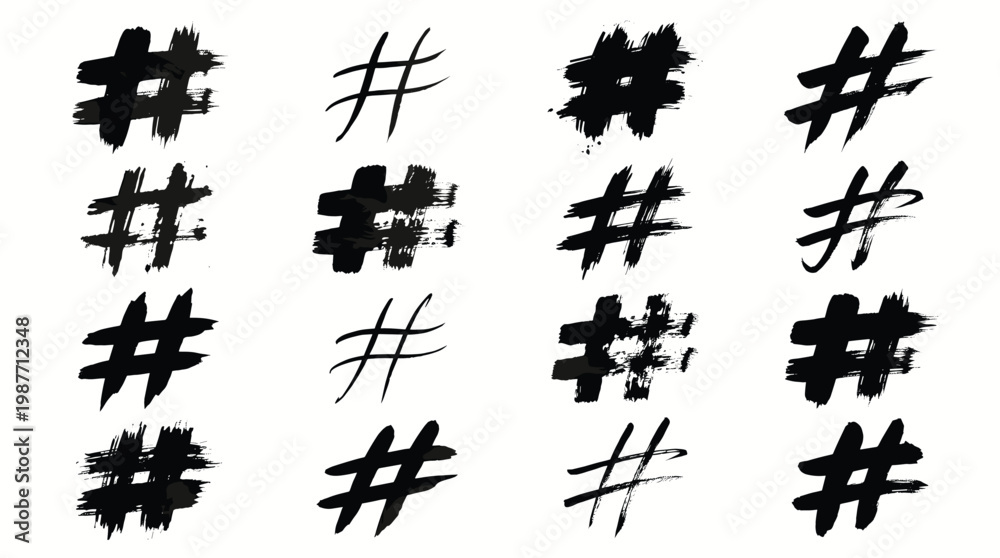 Fototapeta premium Social media hashtag element collection featuring brush stroke style, ink marks, textured symbols, messy lines, and tags
