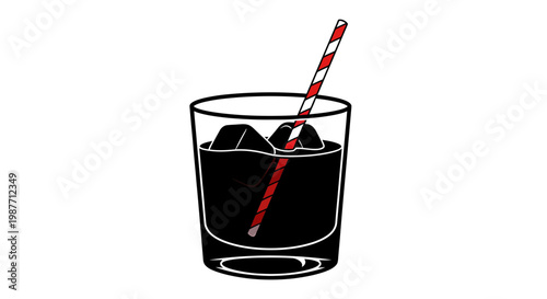 Cola Glass with Ice and Striped Straw Vector Illustration