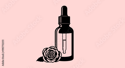 Rose essential oil dropper bottle and rose flower vector illustration