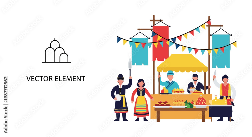 Naklejka premium Traditional Cultural Food Festival with People in Folk Costumes
