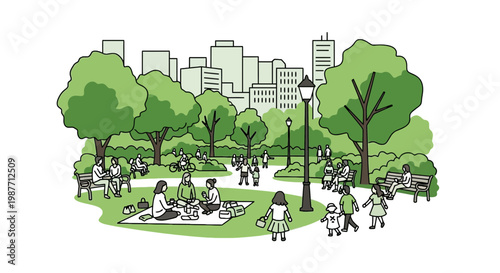 People enjoying leisure activities in a green urban city park