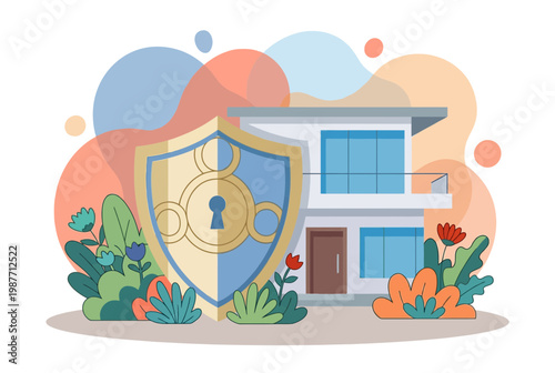 Home Security and Protection Concept with Shield and Modern House