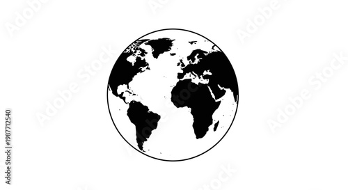 Small Black and White Earth Globe Icon with Continent Map on Isolated White Background